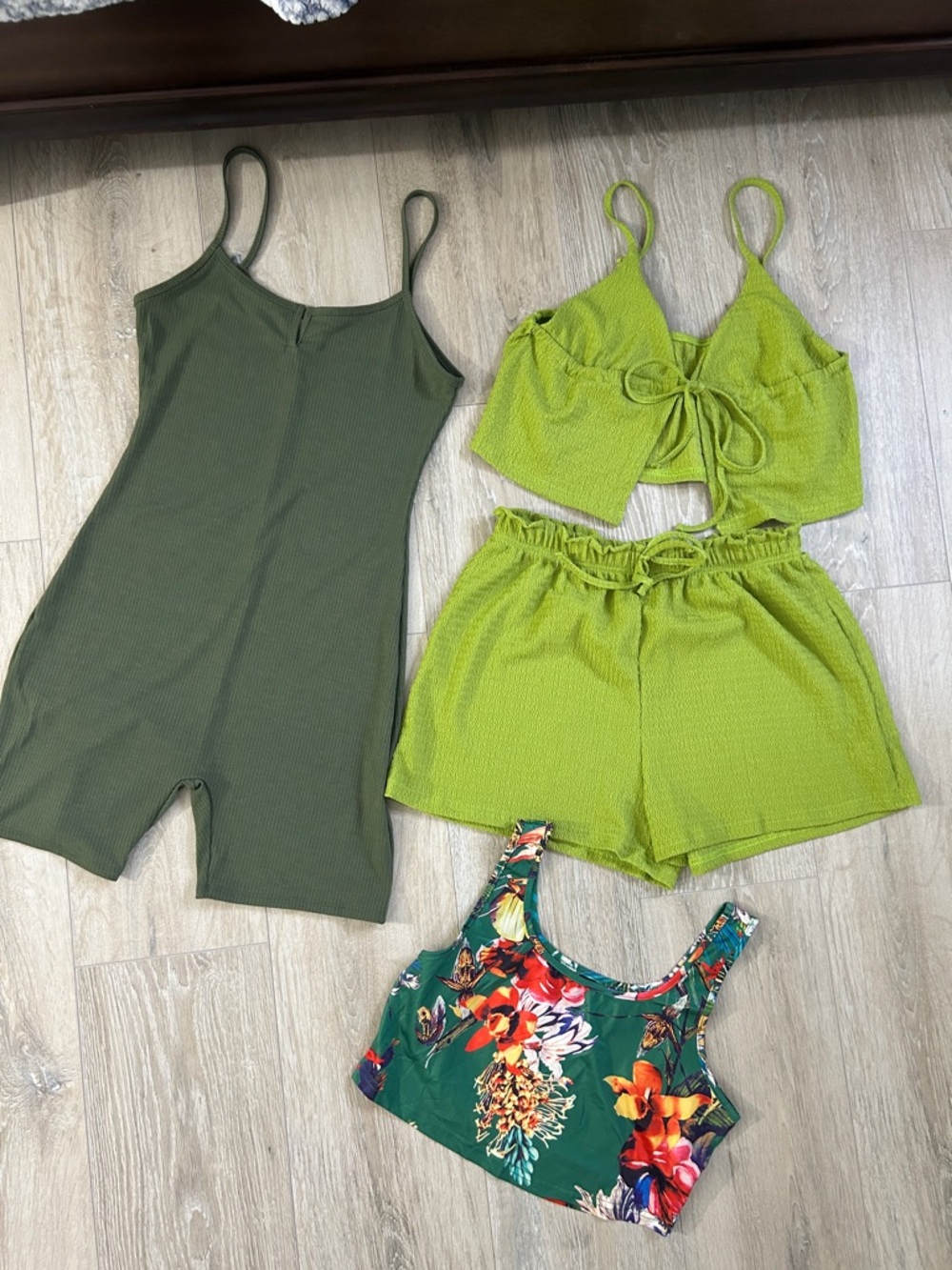Olive Ribbed Romper + Lime Two-Piece Lounge Set + Tropical Crop Top Bundle